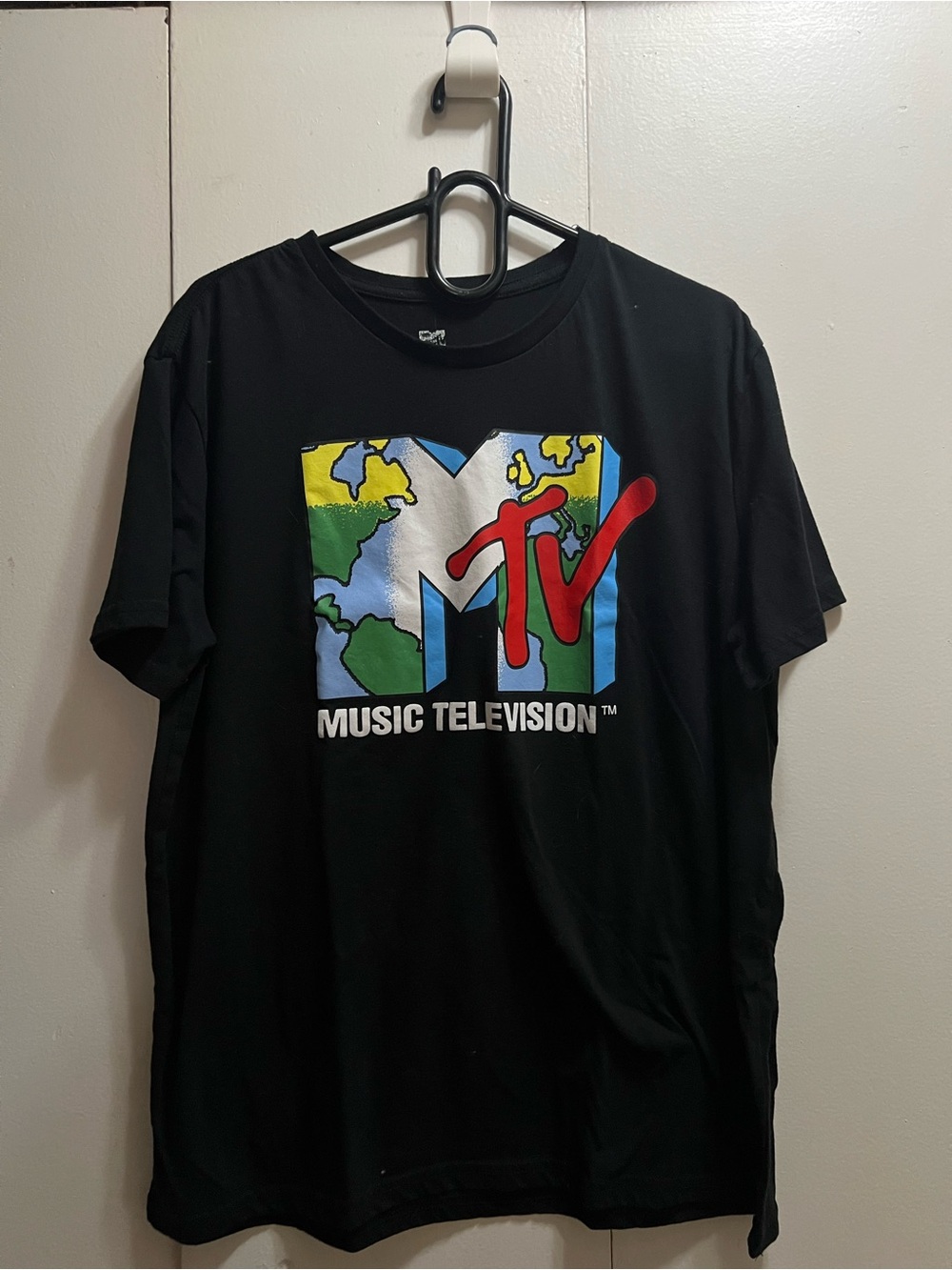 MTV Black Tee with Multicolor Globe and Red Script Logo